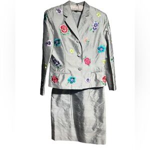 Vintage M.X.I. 100% Raw Silk Embroidered Floral Jacket Pencil Skirt Suit Set